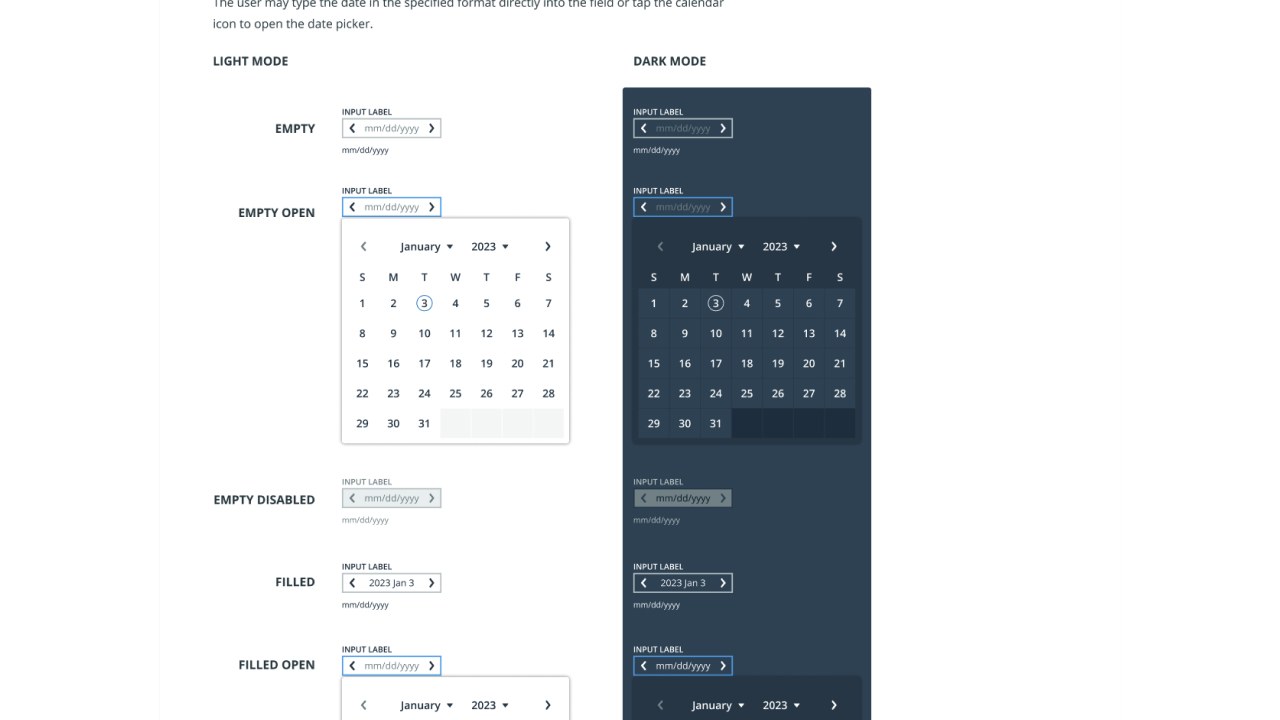 Stepper input component documentation showing date-picker states in both Light Mode and Dark Mode.