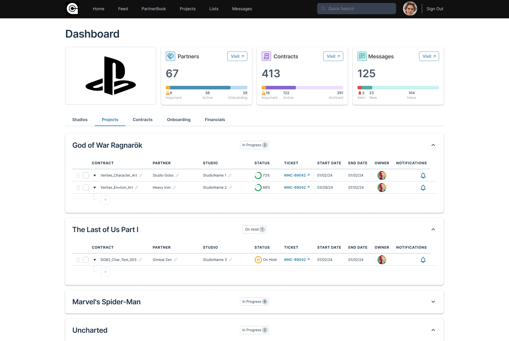 Dashboard Projects tab showing project status, contracts, studios, and owners for God of War Ragnarök and other titles.