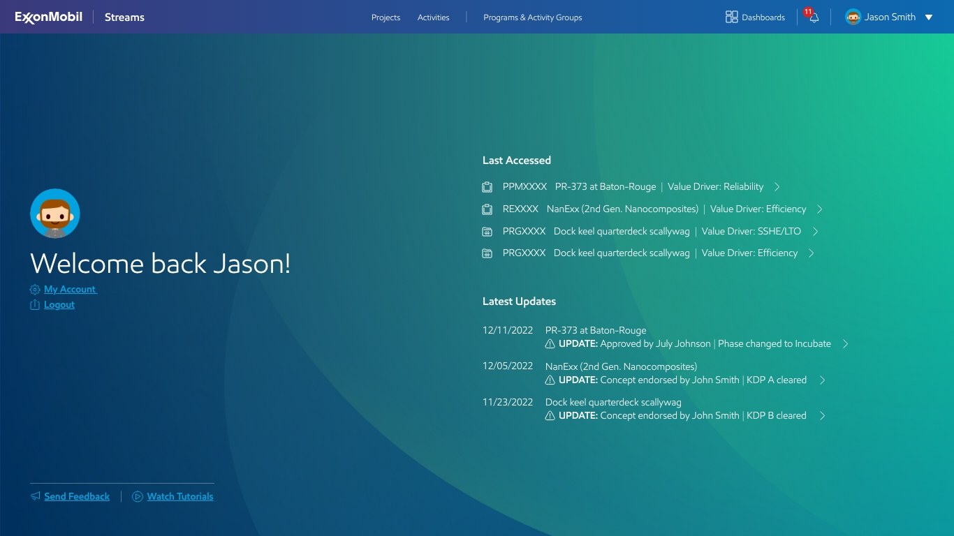 Streams landing page — Welcome back, with last accessed projects and latest updates.