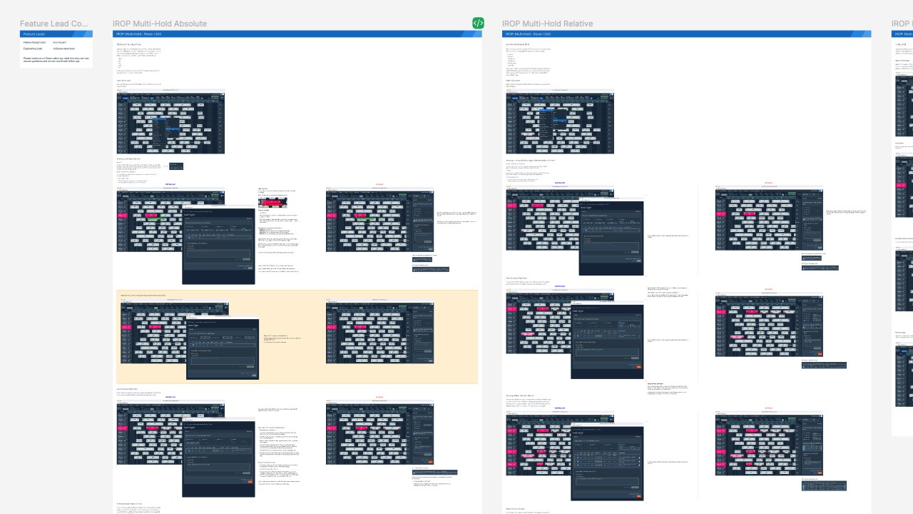 Dev-Ready Figma documentation spread for the IROP Multi-Hold Absolute and Relative flows, showing full story detail for handoff.