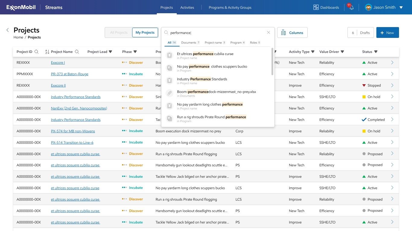 Streams projects list with a live search across projects, documents, programs, and roles.