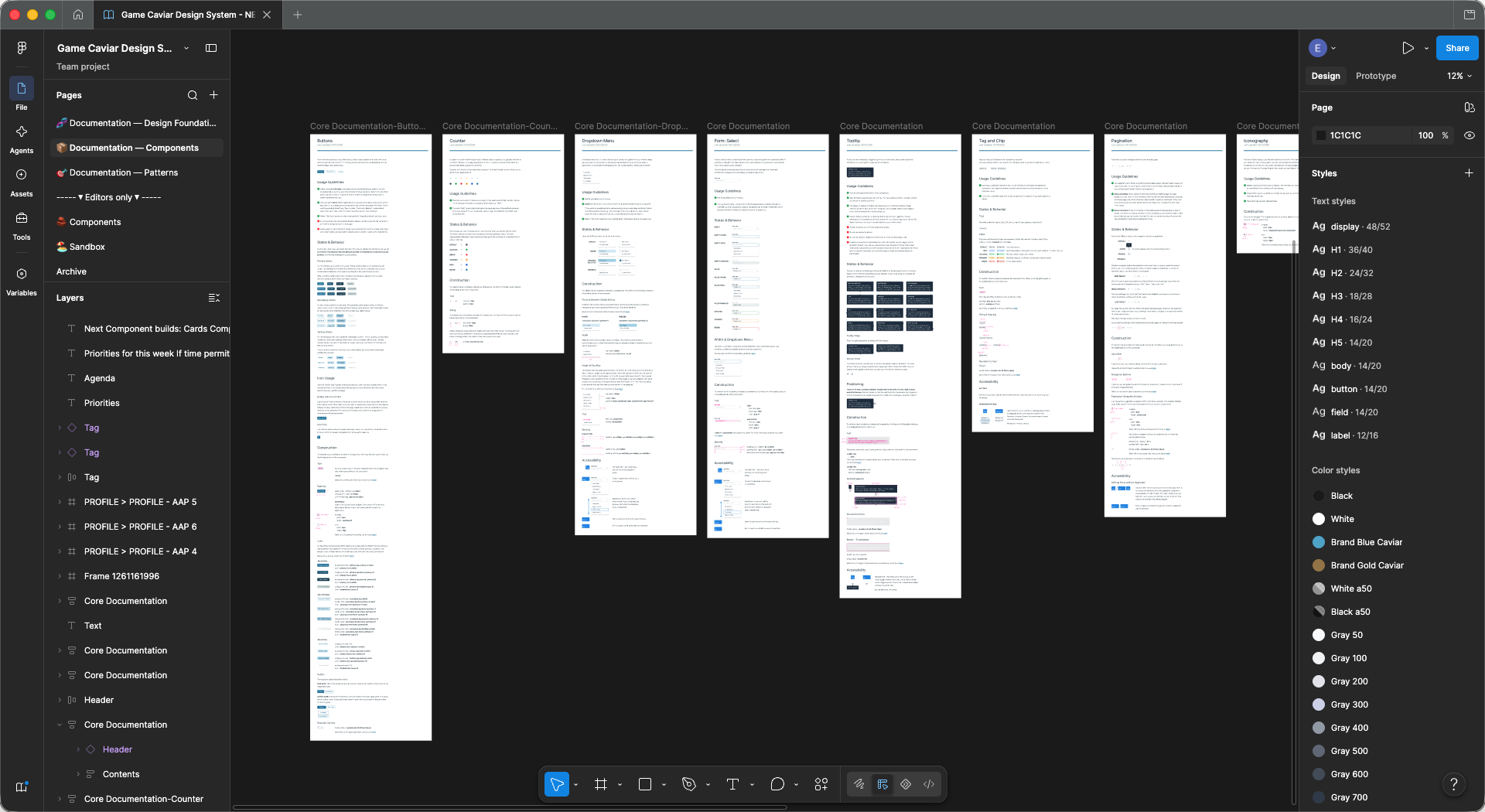 Game Caviar design system documentation in Figma, showing component pages for Buttons, Counter, Dropdown Menu, Form Select, and Tooltip alongside the color and typography style library.