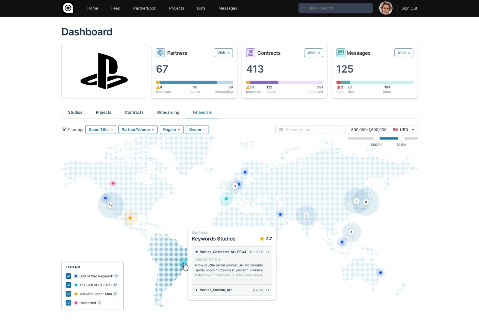 Game Caviar dashboard concept: a global map of spend by studio location, with filters and a studio detail popover.