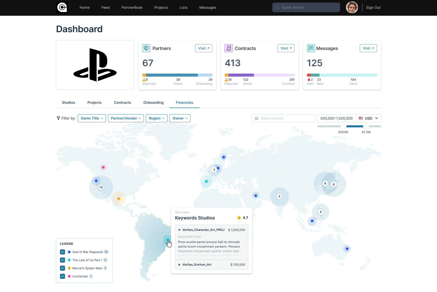 Dashboard Financials tab showing a global map view of spend by studio location.