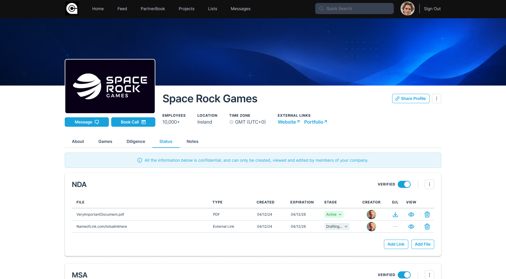 Full Screen Profile Status tab showing NDA and MSA verification documents for a service provider.