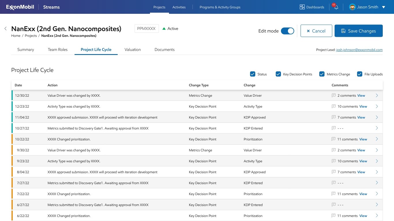 Streams Project Life Cycle tab, showing a log of status changes, Key Decision Points, and metrics changes over time.