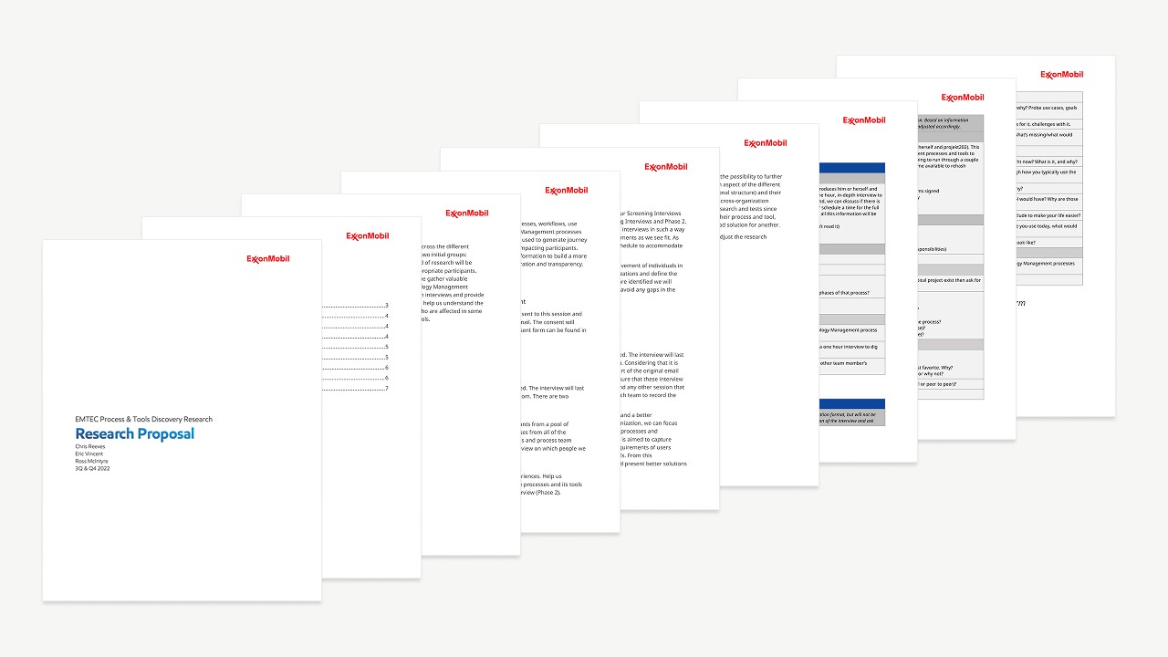 Cover and pages of the Research Proposal, EMTEC Process & Tools Discovery Research, Q3 and Q4 2022.